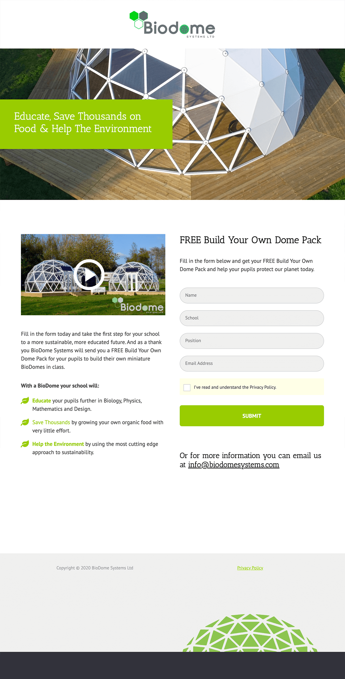 Bio Dome landing page