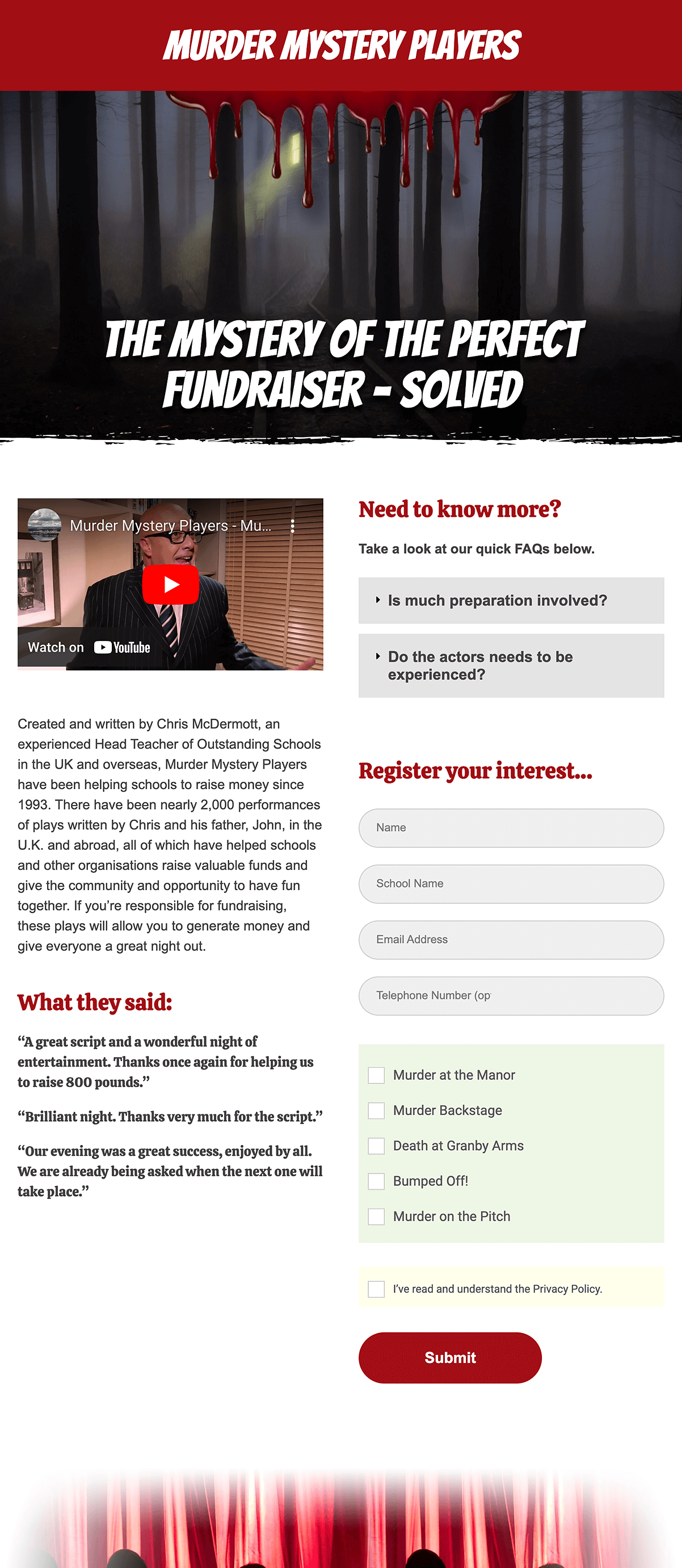 Murder Mystery landing page