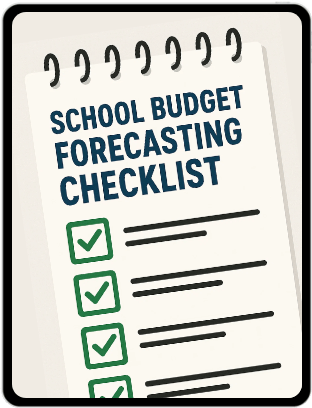 An ipad showing a promo image for a "school budget forecasting checklist" resource