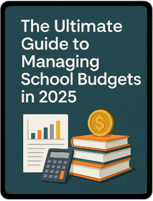 Ipad showing an ebook titled "The Ultimate Guide to Managing School Budgets in 2025"