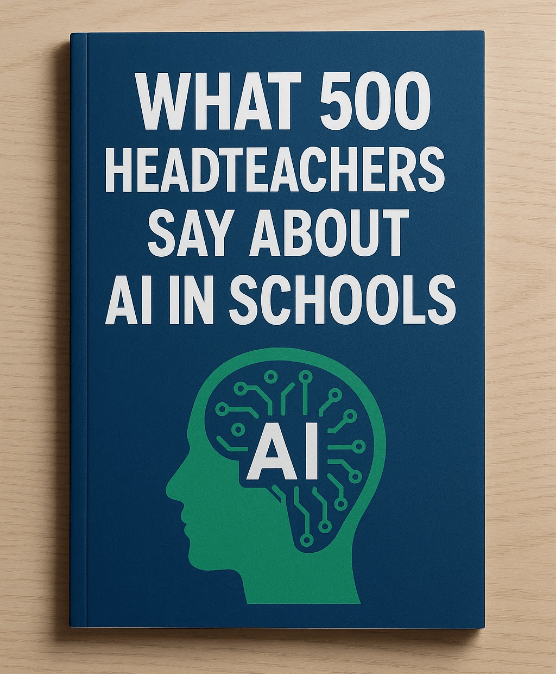 A guide titled "What 500 headteachers say about AI in schools" lying flat on the table