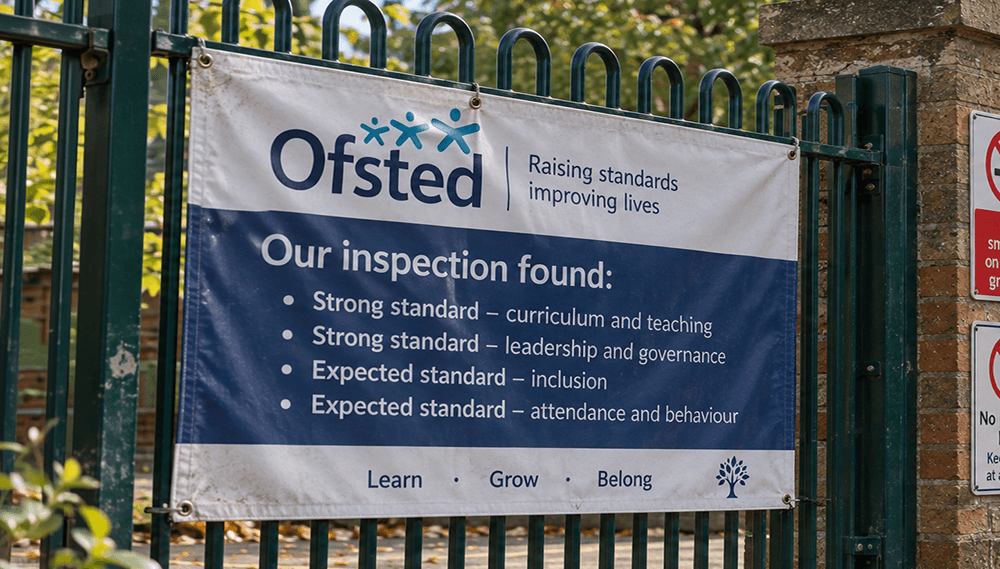 Ofsted banner on school gates