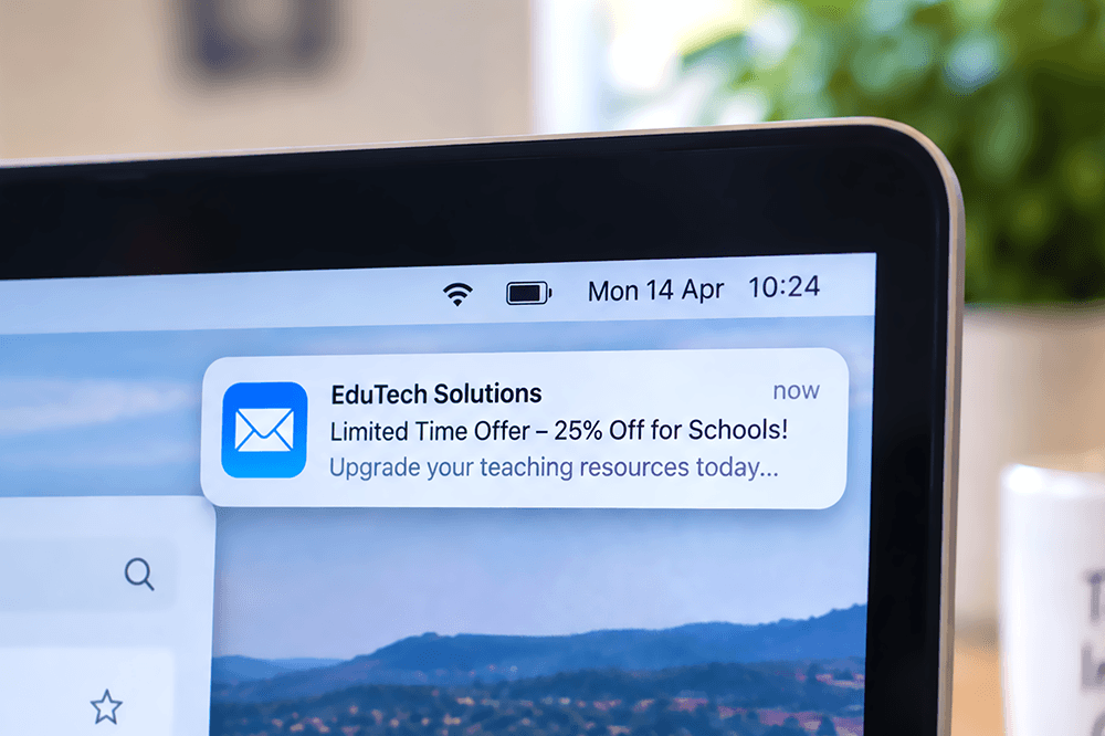 Close-up of a laptop showing a promotional email offering 25% off for schools