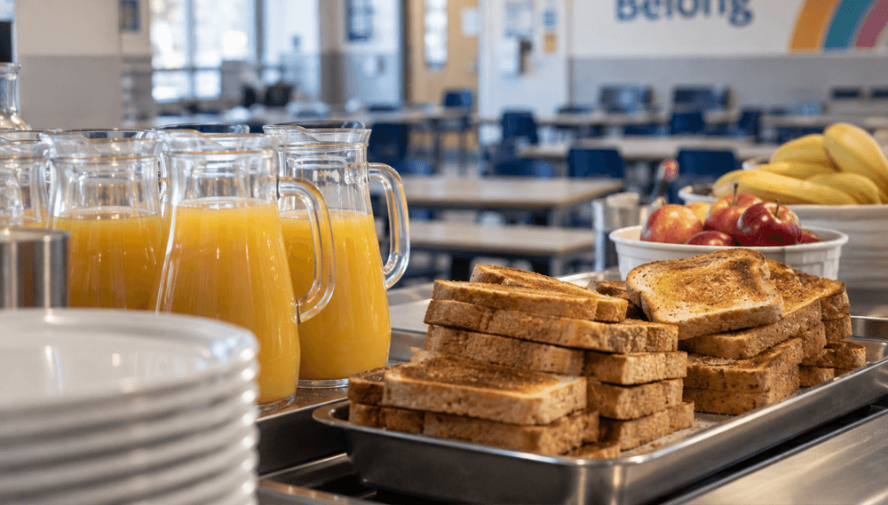 Toast and fruit juice in school cafeteria