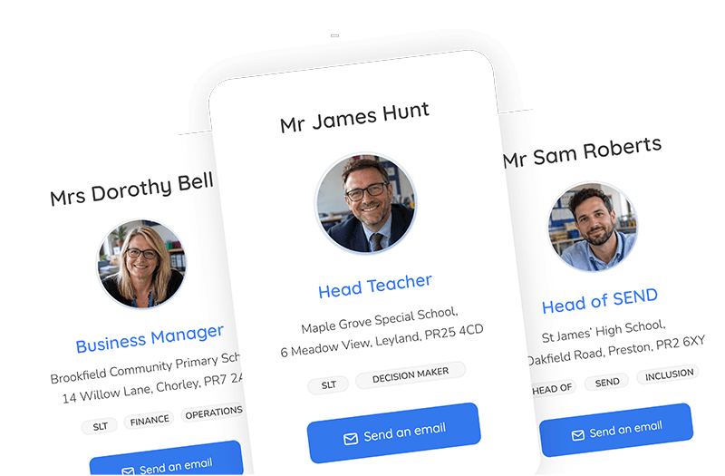 Education database contact cards showing school decision makers