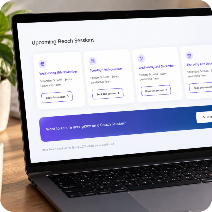 Laptop showing the Upcoming Reach Sessions dates to choose from
