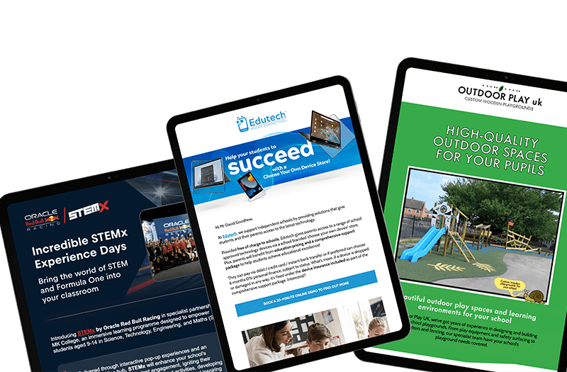 Example education email campaigns shown on tablets