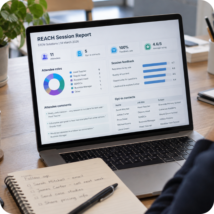 Reach Session report with attendee feedback and contact details